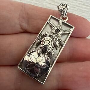 Sterling Silver Sea Turtle Mother of Pearl Starfish Pendant-Rectangle Pendant
